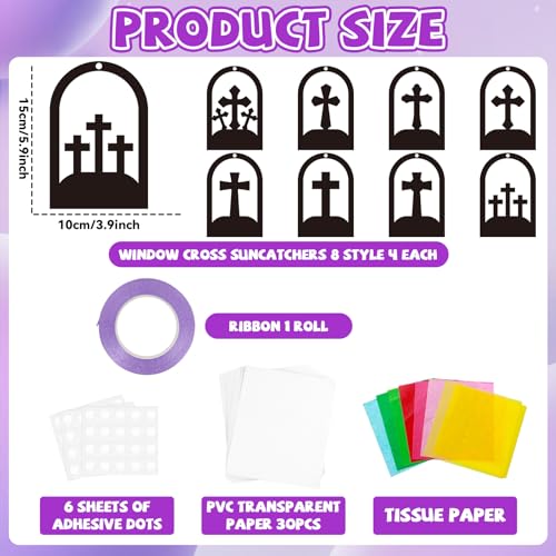 QOUBAI 32 Sets Cross Suncatchers Craft Kit DIY Religious Window Stained Glass Effect Christian VBS Paper Hanging Ornament Kid Easter Sunday School Birthday Gift Creative Art Project Activity Game - style: Window Cross