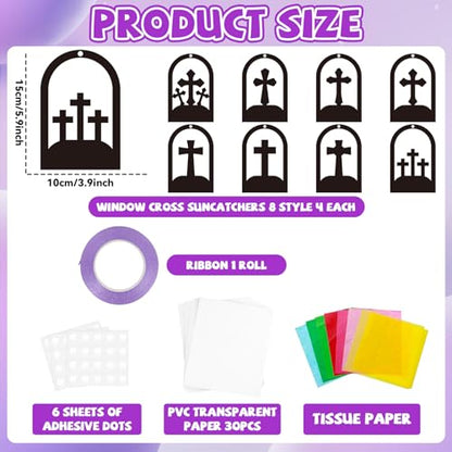 QOUBAI 32 Sets Cross Suncatchers Craft Kit DIY Religious Window Stained Glass Effect Christian VBS Paper Hanging Ornament Kid Easter Sunday School Birthday Gift Creative Art Project Activity Game - style: Window Cross