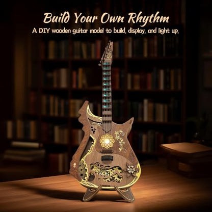 FUNPOLA LED 3D Wooden Puzzle Chords Guitar Kit, Acoustic Guitar Puzzle Model with LED Lights, DIY Mechanical Music Craft for Adults