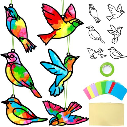 Qyeahkj 36 Set Spring Bird Suncatchers Crafts for Kids DIY Bird Window Tissue Paper Craft Kit Animal Hanging Decor for Summer School Home Activity Art Project Birthday Party Favor Gift - style: Bird