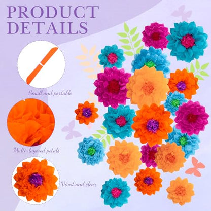 Gejoy 20 Pcs Tissue Paper Flowers for Wall, 3D Pom Poms, Mexican - color: Bright Color