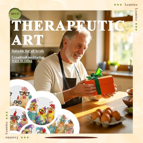 Leatrice 8 Pcs Diamond Art Coasters Small Diamond Painting Kits for Adults - color: AA Chicken