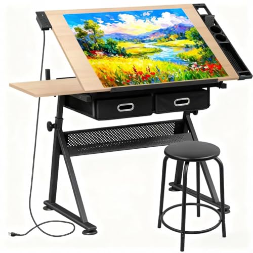 ZENY Adjustable Drafting Table with Stool Tilting Drawing Desk Artist Table - color: Brown-with Outlet