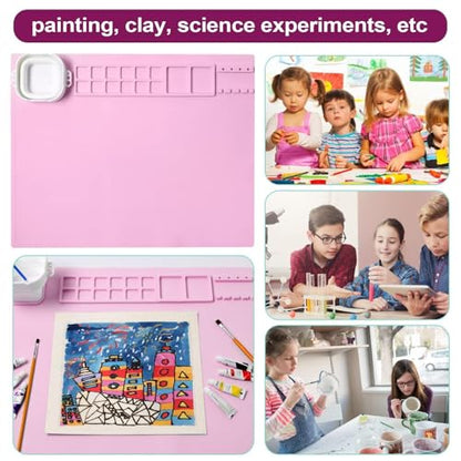 AWOKE Silicone Painting Mat | 20"x16" No-Spill Art Mat with Quick-Attach Magnetic Water Cup, 12 Paint Wells & Palettes | Washable Table Protector for Toddlers & Kids Gifts (Pink) - color: Pink