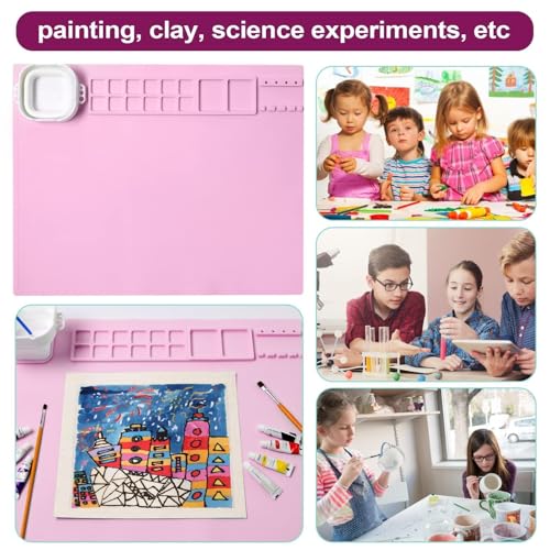 AWOKE Silicone Painting Mat | 20"x16" No-Spill Art Mat with Quick-Attach Magnetic Water Cup, 12 Paint Wells & Palettes | Washable Table Protector for Toddlers & Kids Gifts (Pink) - color: Pink