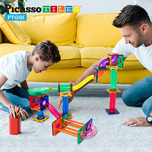 PicassoTiles Solar Powered Space Robot + 50pc Marble Run, 12-in-1 Creative Unique Transformation Renewable Energy Science Experiment DIY Kit, Race Track Toy Play Set, Educational Magnet Construction