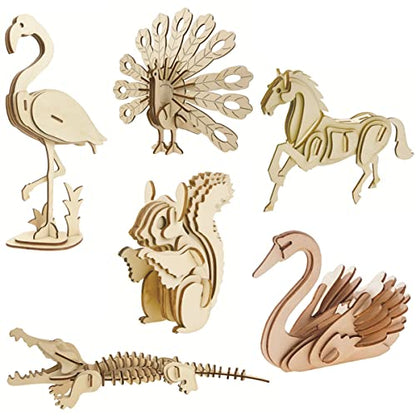 3D Wooden Wild Animal Puzzle - 6 Piece Set Wood Wild Animals Skeleton Assembly Model Kits - Wooden Crafts DIY Brain Teaser Puzzle - STEM 3D Puzzle Gifts for Adults & Teens - color: Wild Animals