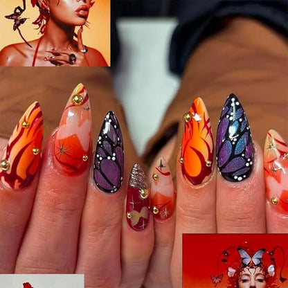Medium Length Press on Nails Almond Fake Nails Butterfly False Nails with 3D Charms Designs 24Pcs Natural Reusable Acrylic Nails for Women Girls - color: Style31