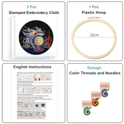 Konrisa Stamped Embroidery Kit for Adults, 3 Set Elegant Goldfish DIY Sewing Needlepoint Cross Stitch Kit with Embroidery Floss,Hoops,Color Thread,Needle,1 pc Hoop - color: fish
