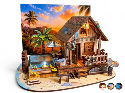 LED 3D Wooden Puzzle for Adults, DIY Miniature Hawaiian Beach House,Decor