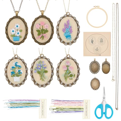 FREEBLOSS 6 Set Embroidery Necklace Kit Embroidery Kit for Beginners Embroidery Pendant Flowers Brooch Mini Embroidery Kit with Instruction Embroidery Starter Kit for Adults Stamped Pattern Cloth