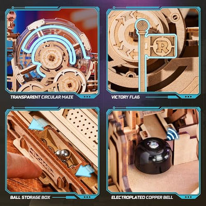 ROKR 3D Wooden Puzzles for Adults Miniature Marble Run Building Toys,DIY Pinball Machine Model Kits-Gear Ball Challenge EGC01