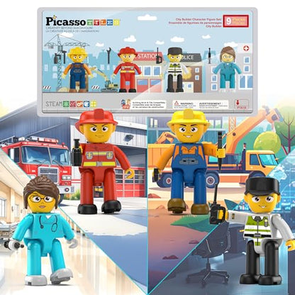 PicassoTiles Magnetic Tiles Action Figures 4 Piece City Characters for Magnet Tile Building Blocks Accessory Add On Pack Construction Block Set Toddler Toy Educational Learning Kit Age 3 and up PTA18 - color: 4 Pcs City Builder