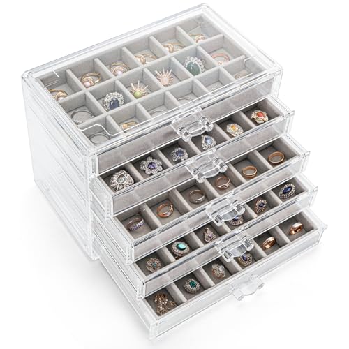 Jucoan Clear Acrylic Rock Display Case, 5 Layer 90 Grids Rock Collection Case with Adjustable Velvet Insert, Mineral Gemstone Storage Organizer Box for Kids Crystals, Rocks Collection