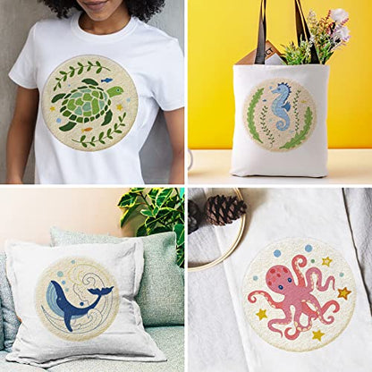 INFUNLY 4 Sets Embroidery Kit for Beginners with Sea Animals Pattern DIY Embroidery Kit for Adults Ocean Embroidery Art Kit Turtles/Seahorses/Octopuses/Whales Cross Stitch Kit with Embroidery Hoops - color: Sea Animal Kits