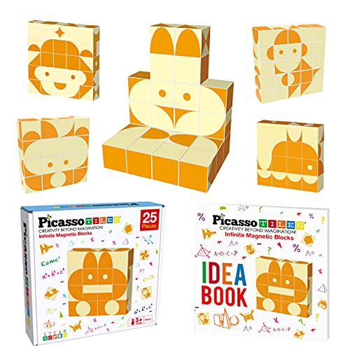 PicassoTiles 25 Piece Magnetic Puzzle Game Magic Cube Puzzles Brain Teaser Set Kids Toy Magnet Pattern Block Matching Toys with Free Ideabook 150+ Inspirations Included STEM Learning Early Education