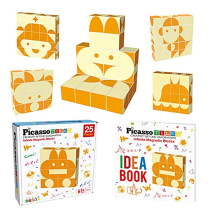 PicassoTiles 25 Piece Magnetic Puzzle Game Magic Cube Puzzles Brain Teaser Set Kids Toy Magnet Pattern Block Matching Toys with Free Ideabook 150+ Inspirations Included STEM Learning Early Education