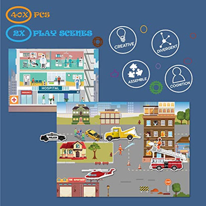 GRANDLMOON Magnetic Portable Playboard Elite Rescue Team Fire Fighting Trucks Police Trauma and Engineer (41 PCS)