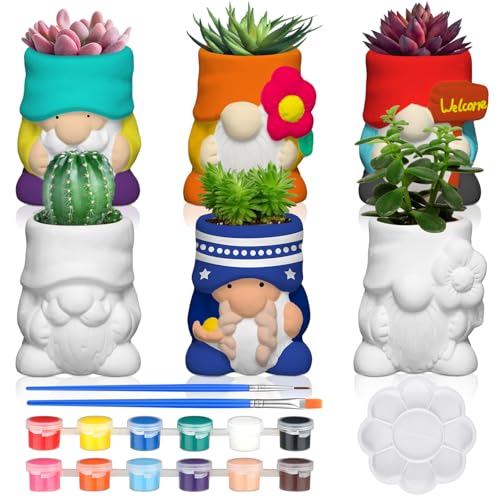Beeveer 6 Sets Paint Your Own Gnomes Succulent Planter Cute Mini Unpainted Flower Pots DIY Paintable Succulent Pots for Christmas Classroom DIY Craft Project Activity - style: Gnome