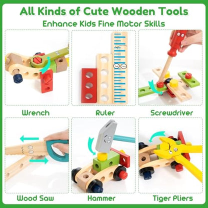 Wooden Kids Tool Kit, Montessori Toddler Tool Set Toys for Boys Girls 3+