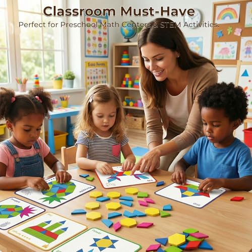 3 Otters 150Pcs Wooden Pattern Blocks Set, Geometric Tangram Shapes - size: Medium