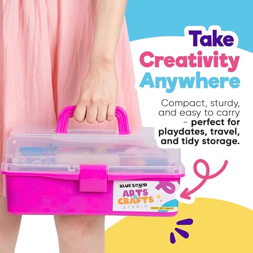 Blue Squid Arts & Crafts Box (Pink)- 2800+ pcs Deluxe Craft Supplies Box, 2 Drawers, 18 Compartments, Sturdy Handle - Art Crafting Kit Birthday Gifts for Kids, School Supply for Ages 4-12 - color: Craft Box Pink