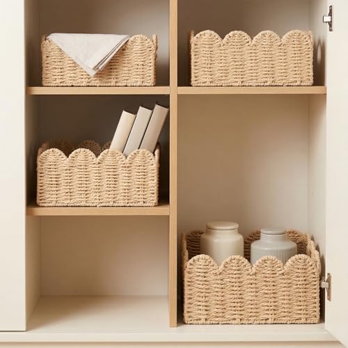 Scalloped Wicker Baskets Set of 3, Hand-Woven Storage with Handles - color: Beige