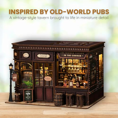 DIY Book Nook Kit LED 3D Wooden Puzzle — Aesthetic Miniature Bookshelf Insert Decor & Diorama Craft Building Kit for Adults, Teens & Home Library | Bookshelf Stand | (Corner Tavern)