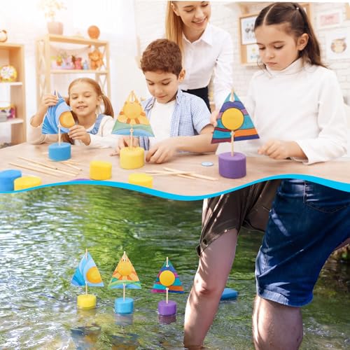 Soulchen 36 Pcs DIY Boat Craft Kit Coloring Paper Craft Kit DIY Paper Sailboat Crafts Set with Foam Noodles Dowels for Summer Activities Camp Birthday Carnival Party Gifts