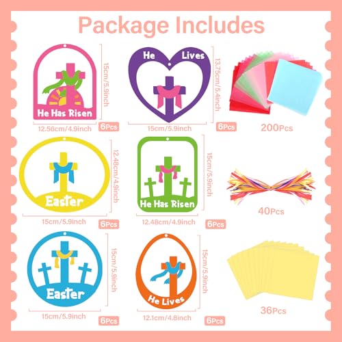 Qyeahkj 36 Set Easter Suncatchers Crafts for DIY Resurrection Church Window Tissue Paper Crafts Kit He is Risen Hanging Decor for Religious Cross Home Activity Art Project Favor Gift - style: Easter