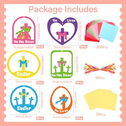 Qyeahkj 36 Set Easter Suncatchers Crafts for DIY Resurrection Church Window Tissue Paper Crafts Kit He is Risen Hanging Decor for Religious Cross Home Activity Art Project Favor Gift - style: Easter