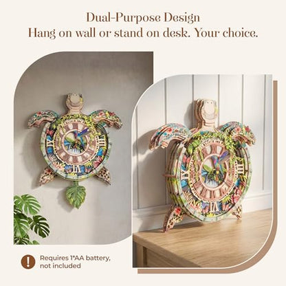 3D Wooden Puzzle Clock - Sea Turtle Design, DIY Mechanical Pendulum Wall Clock with Roman Numerals, Unique Nature-Themed Gift for Adults - color: Green