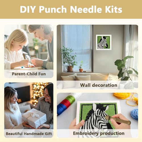 DOODLREAM Cute Zebra DIY Punch Needle Embroidery Kit for Adult Beginner, 9.4" Avocado Zebra Animal Punch Stitching Craft Set for Starter with Frame,Fabric Pattern,Threader, Yarn, Pinch Needle - color: Zebra