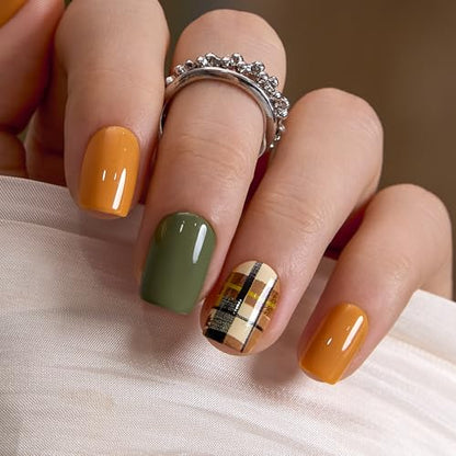 CurvLife Short Square Plaid Fall Press On Nails, Harvest Yellow, Soft Gel - color: Mustard and Olive Plaid