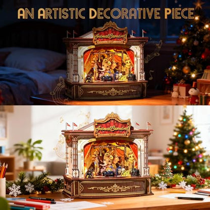 CUTEBEE 3D Wooden Puzzles Music Box - DIY Theater Model Kit with LED Light, 413 Pcs Rotating Miniature House Kit for Adults, Home Bookshelf Decor, Birthday Valentines Day Gifts (Animal Carnival)