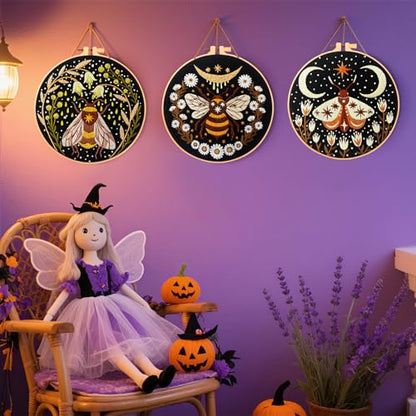 Hand Embroidery Starter Kits for Beginners Adults, Counted Stamped Cross Stitch Kit for Beginners Adults, Embroidery Needlepoint Kit with Moth Flower Pattern, 3 Hoops (Attached Teaching Video QR Code) - color: Moth