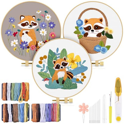 TINDTOP 3 Pack Embroidery Kit for Adult Beginners, Embroidery DIY Starter Kit, with Raccoon Stamped Patterns, Hoop, Tools, Colorful Threads with Needles, Instructions - color: Raccoon