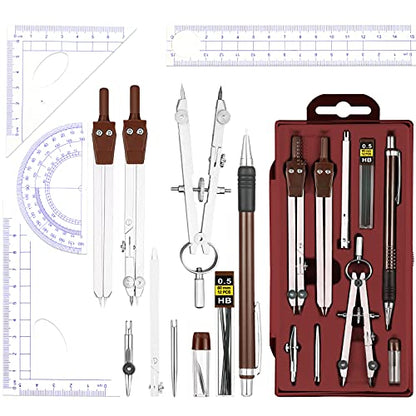 Outus 13 Pcs Geometry Set for Students Metal Compass Math Protractor - color: Brown