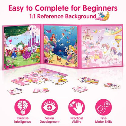 SYNARRY Unicorn Mermaid Princess Magnetic Puzzles for Kids 3-5, Travel Toys - style: Princess Mermaid Unicorn