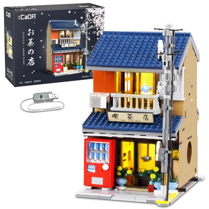 CaDA Japanese Style Tea House Building Block, Master C66010W Japan Street Shop Brick Set with Lights, 1200PCS Modular House Idea Gift for Boys Adults - color: C66010w