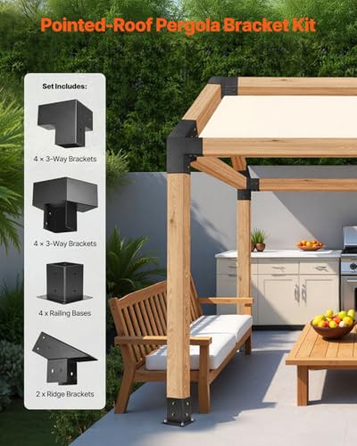 VEVOR Pergola Kit, 4x4 Inch Pointed-Roof Pergola Brackets for 3.5x3.5 in Lumbers in Actual Size, 3-Way / 4-Way Gazebo Bracket with Post Bases & Ridge Brackets for Outdoor Pergolas Gazebo Shed, 14 Pcs - size: 4PC 3Way+4PC 2Way+2PC Riddge +4PC Base 4*4 SET