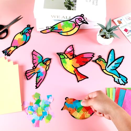 Qyeahkj 36 Set Spring Bird Suncatchers Crafts for Kids DIY Bird Window Tissue Paper Craft Kit Animal Hanging Decor for Summer School Home Activity Art Project Birthday Party Favor Gift - style: Bird