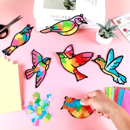 Qyeahkj 36 Set Spring Bird Suncatchers Crafts for Kids DIY Bird Window Tissue Paper Craft Kit Animal Hanging Decor for Summer School Home Activity Art Project Birthday Party Favor Gift - style: Bird