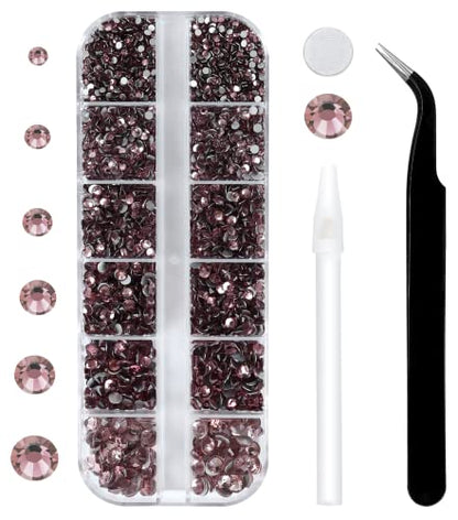12 Grids 3792pcs Lt.Amethyst Flatback Rhinestones Set for Nail, Art, Crafts, Makeup, Tumblers Glitter Round with Tweezers and Picking Pen(SS6~SS20) - color: Lt.Amethyst