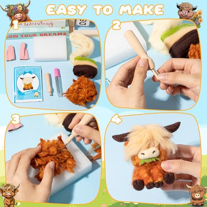 WATINC Needle Felting Kit - 3 Set Unique Different Cute Doll Wool Felt Needle Tools Foam Pad Instruction, DIY Home Decoration Craft Party Supplies for Art Work Starter Beginners (Highland Cow) - style: Highland Cow