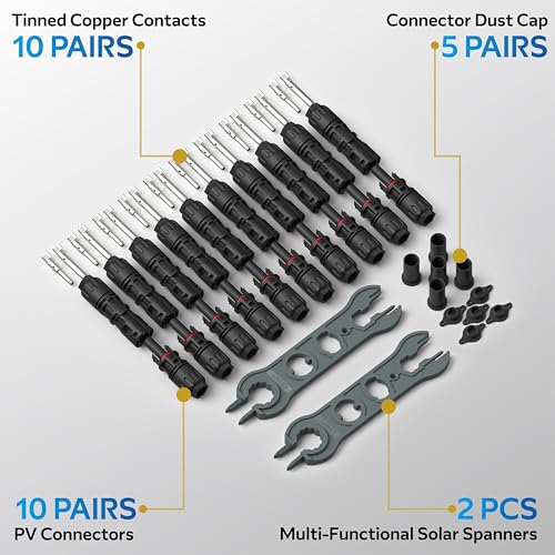 CHINT UL 6703 & TÜV Certified Solar Panel Connectors (10 Pairs), 1500V 46A DC MC4-Compatible PV Cable Connectors Kit for 10/12 AWG Solar Wire with Dust Caps & Spanners - size: 10 Pairs 10AWG 46A