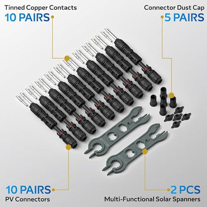 CHINT UL 6703 & TÜV Certified Solar Panel Connectors (10 Pairs), 1500V 46A DC MC4-Compatible PV Cable Connectors Kit for 10/12 AWG Solar Wire with Dust Caps & Spanners - size: 10 Pairs 10AWG 46A