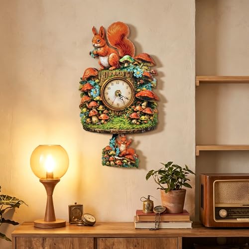 3D Wooden Puzzle Squirrel Clock Mechanical DIY Model Kit with Pendulum Forest Animal Gear Desk Clock Mushroom Decor Challenging Craft Gift for Adults Men Women
