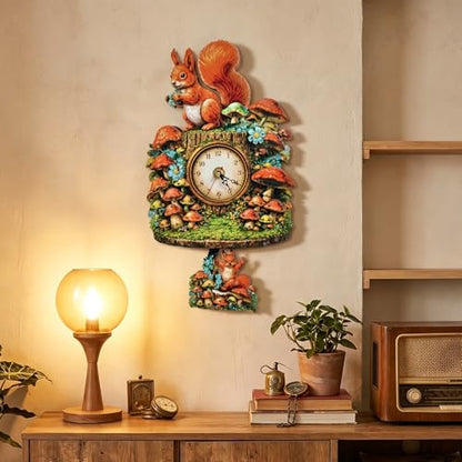 3D Wooden Puzzle Squirrel Clock Mechanical DIY Model Kit with Pendulum Forest Animal Gear Desk Clock Mushroom Decor Challenging Craft Gift for Adults Men Women