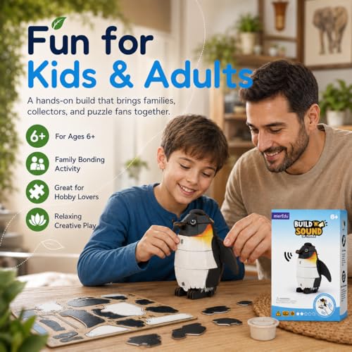 MierEdu Build 'N' Sound 3D Puzzle for Kids, Animal Puzzle with Sound Module, Educational STEM Craft Kit, FSC Paper Model Building Toy Gift for Ages 6+ - color: Emperor Penguin